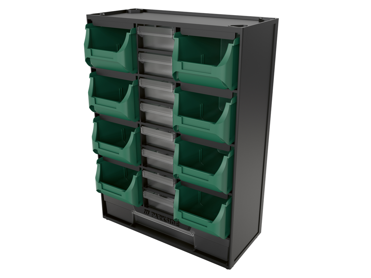 PARKSIDE® väikeste osade hoiukast roheliste sahtlite ja läbipaistvate sektsioonidega.