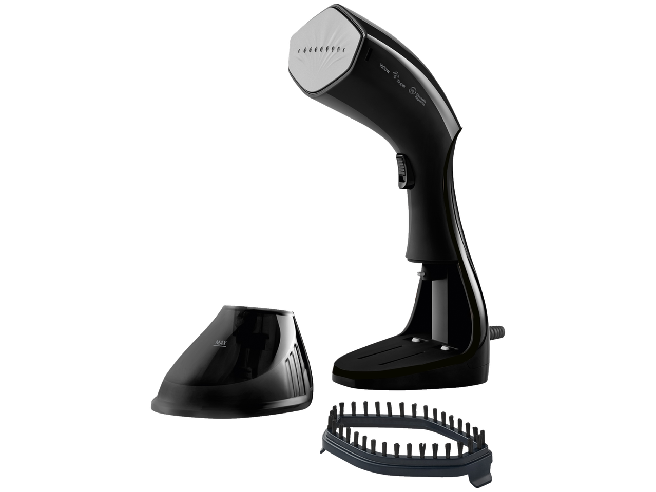 Grundig ST 6150 garų lygintuvas su priedais juodame fone.