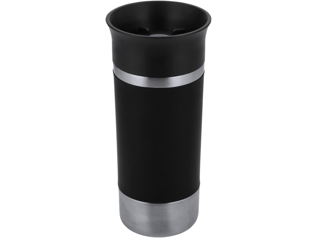 Silvercrest® termokrūze melnā un sudraba krāsā, izolēta dzērienu uzturēšanai karstā vai aukstā stāvoklī.