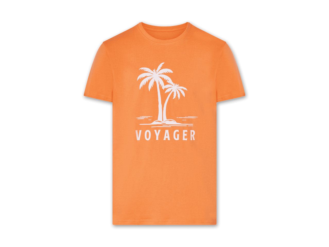 Orangefarbenes T-Shirt mit Palmenmotiv und dem Aufdruck 'Voyager'.