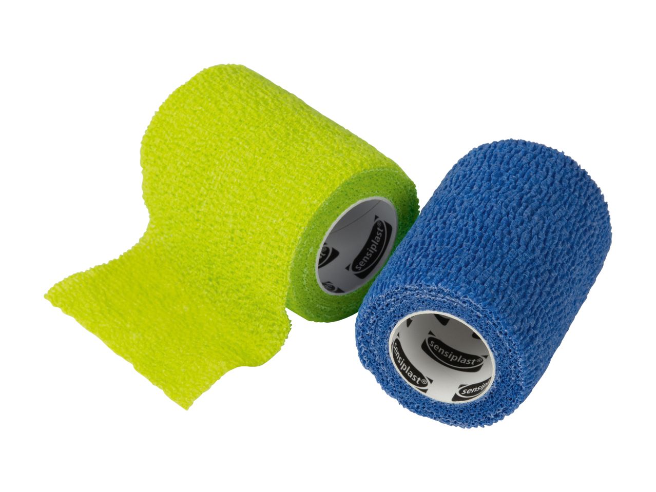 Two self-adhesive elastic bandages, one lime green and one blue, on a white background.