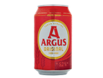 Cerveja em lata Argus Original, vermelha com rótulo branco e dourado, 5,2% vol.