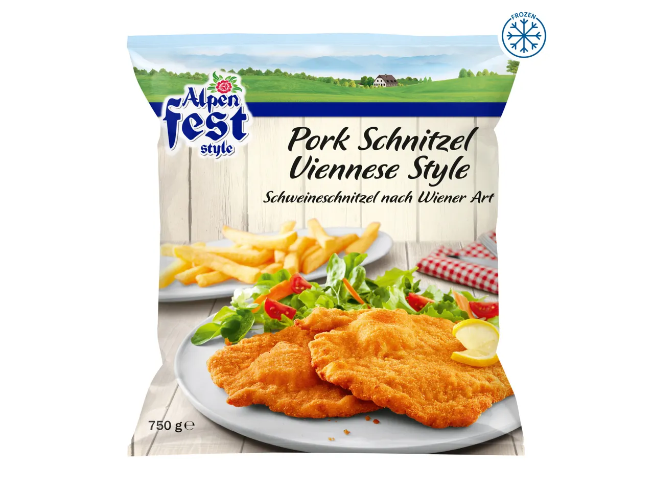 Frozen pork schnitzel with fries and salad on a package.
