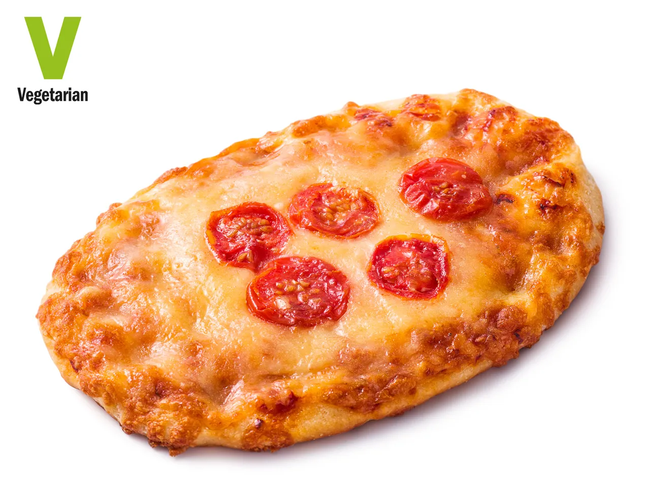 Vegetarian pizza with mozzarella and cherry tomatoes.