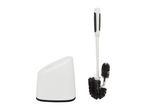 A white toilet brush with a black handle and holder.