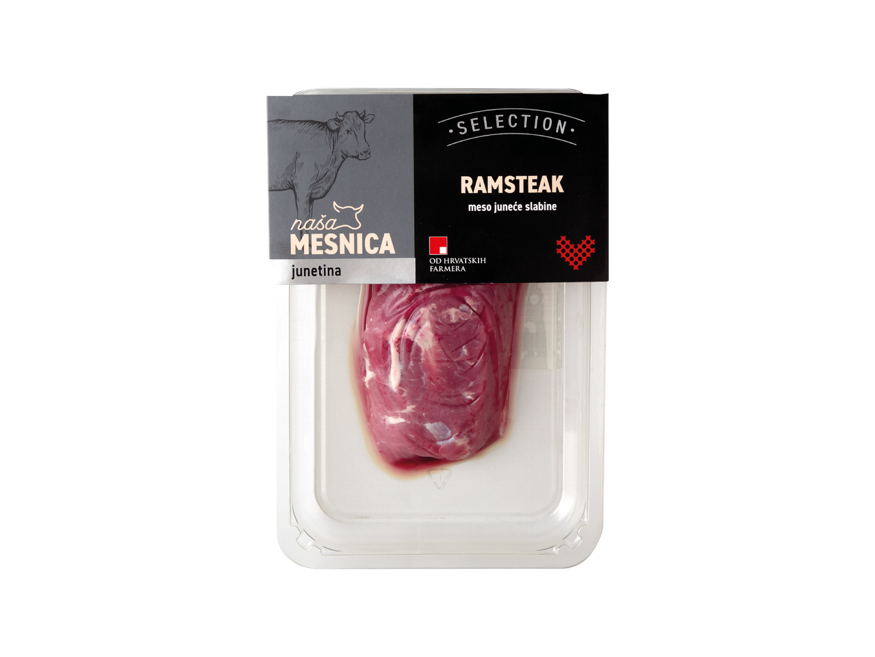 Pakirano juneće meso, ramsteak, s natpisom 'naša mesnica' i ilustracijom krave.