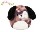 A brown and black dog plush toy with a white belly and face, winking, with colorful text above.