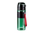 Green water bottle with a black lid and a red strap.