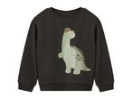 Dark grey children's sweatshirt with a green dinosaur wearing a cap