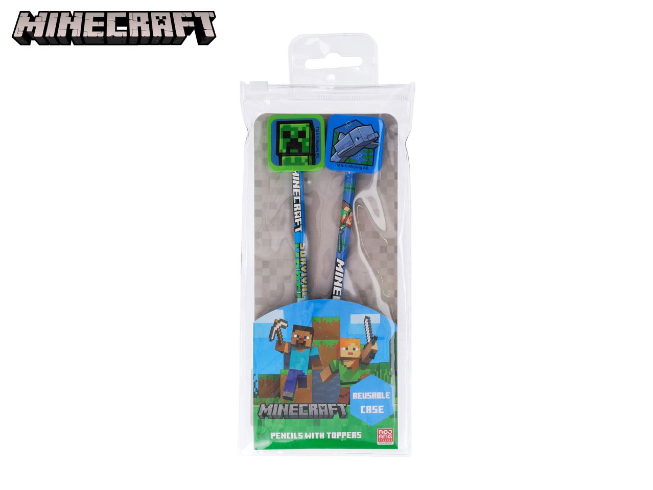 Minecraft pencils with toppers featuring characters like Creeper, Steve, and Alex in a reusable case.