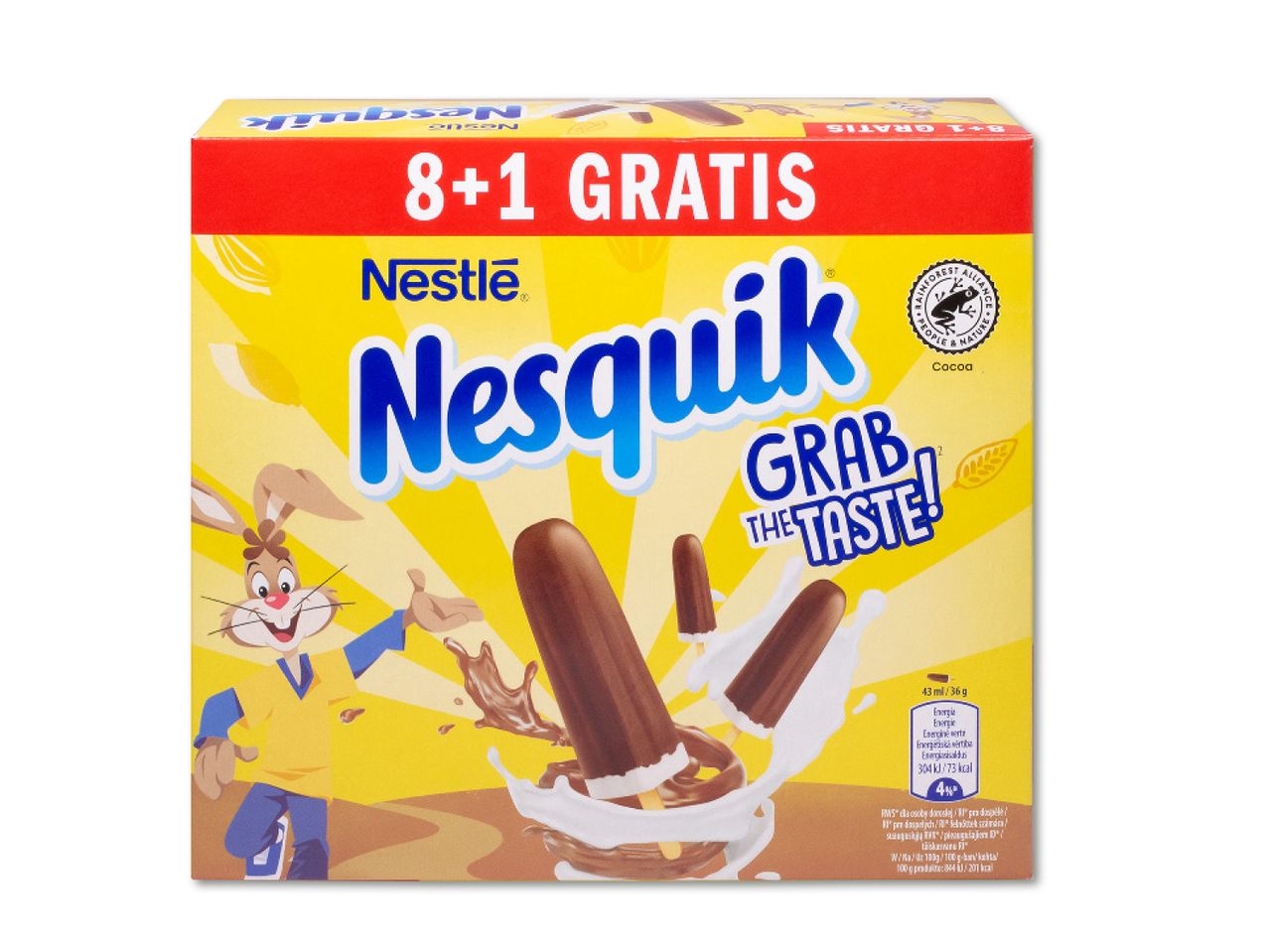 Nesquiki jäätisekarbi pakend, millel on jäätised, jänes ja tekst '8+1 GRATIS'.