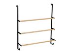 Over-the-door towel rack with three wooden bars and black metal frame.