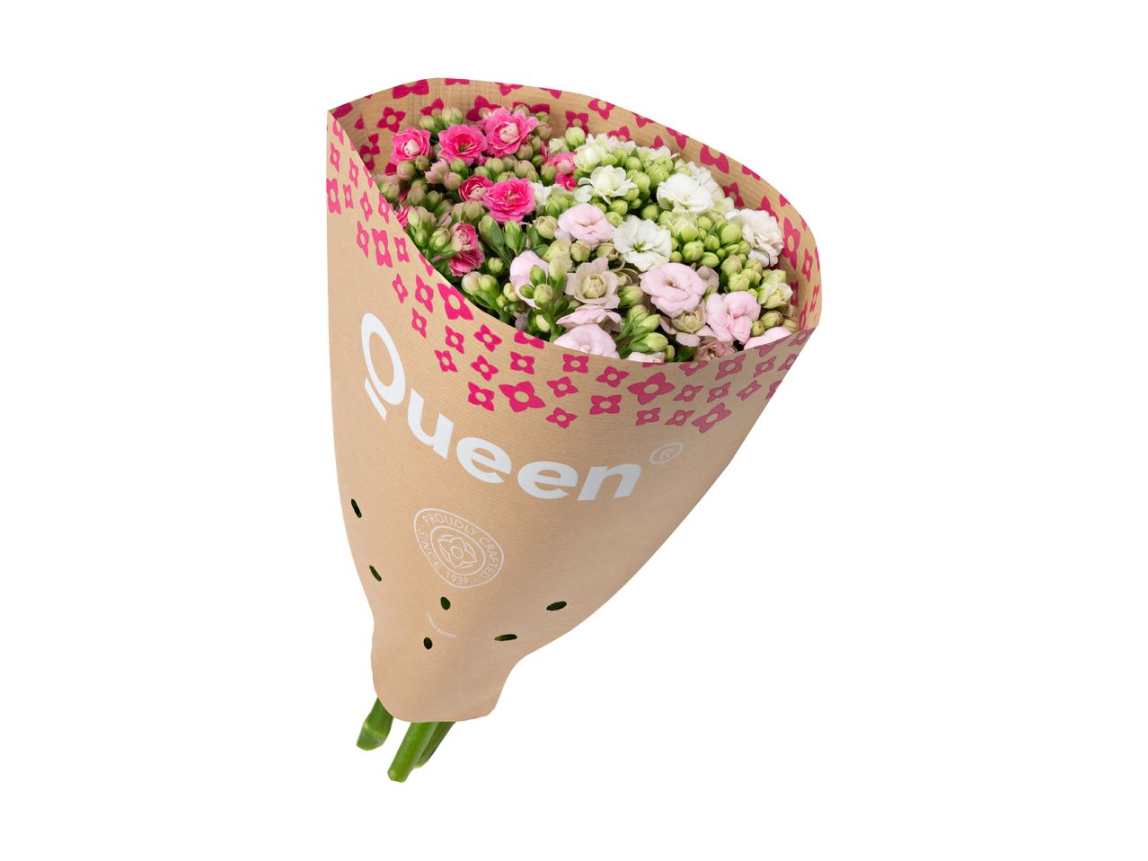 En buket lyserøde og hvide blomster i brunt papir med et blomstermønster.