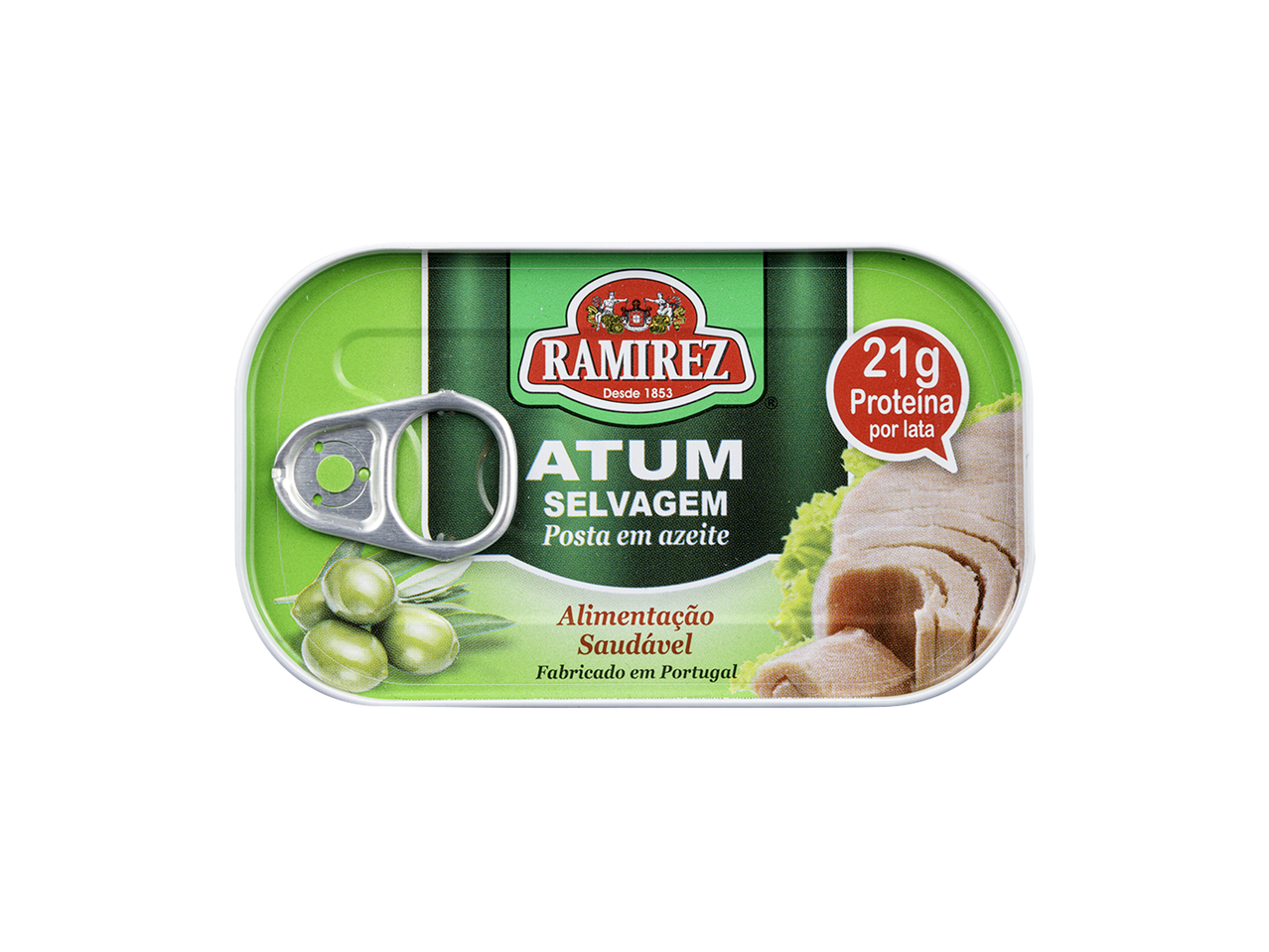 Lata de atum Ramirez com 21g de proteína, atum selvagem em azeite, alimentação saudável, fabricado em Portugal.