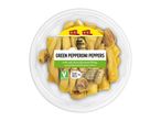 Green pepperoni peppers with soft cheese filling and grilled pitted green olives in a clear container.