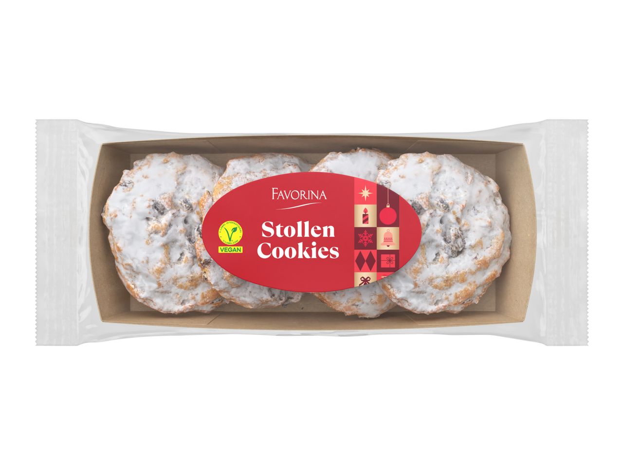A package of vegan stollen cookies with powdered sugar icing.