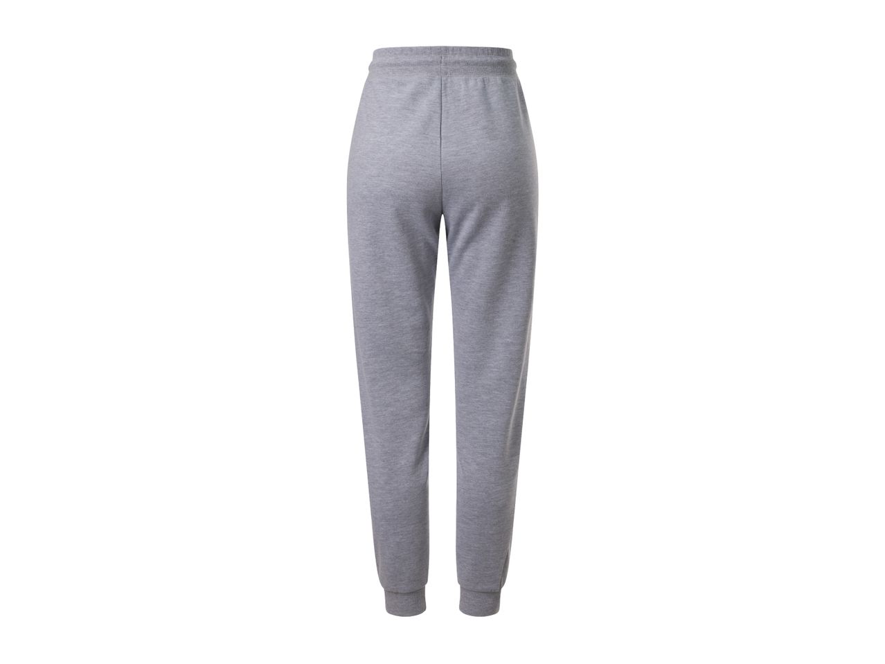 Grey sweatpants with an elastic waistband and ribbed cuffs, back view.
