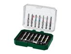 Screwdriver bit set in a green and clear plastic case, with various bit types and an adapter.
