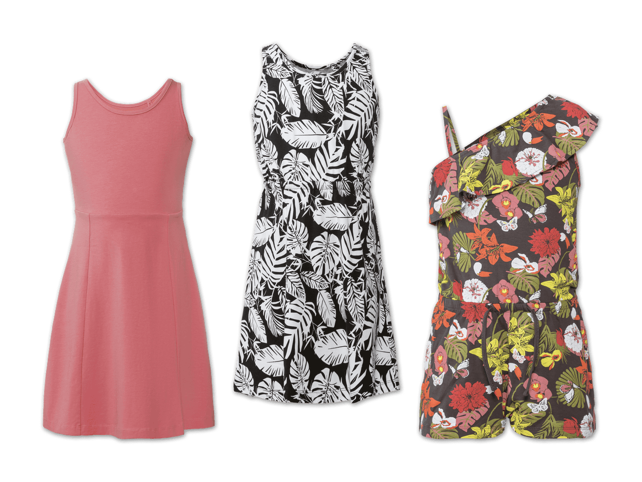 Drei Mädchenkleider: ein rosafarbenes Etuikleid, ein schwarz-weißes Tropenmusterkleid und ein Jumpsuit mit Blumenmuster.