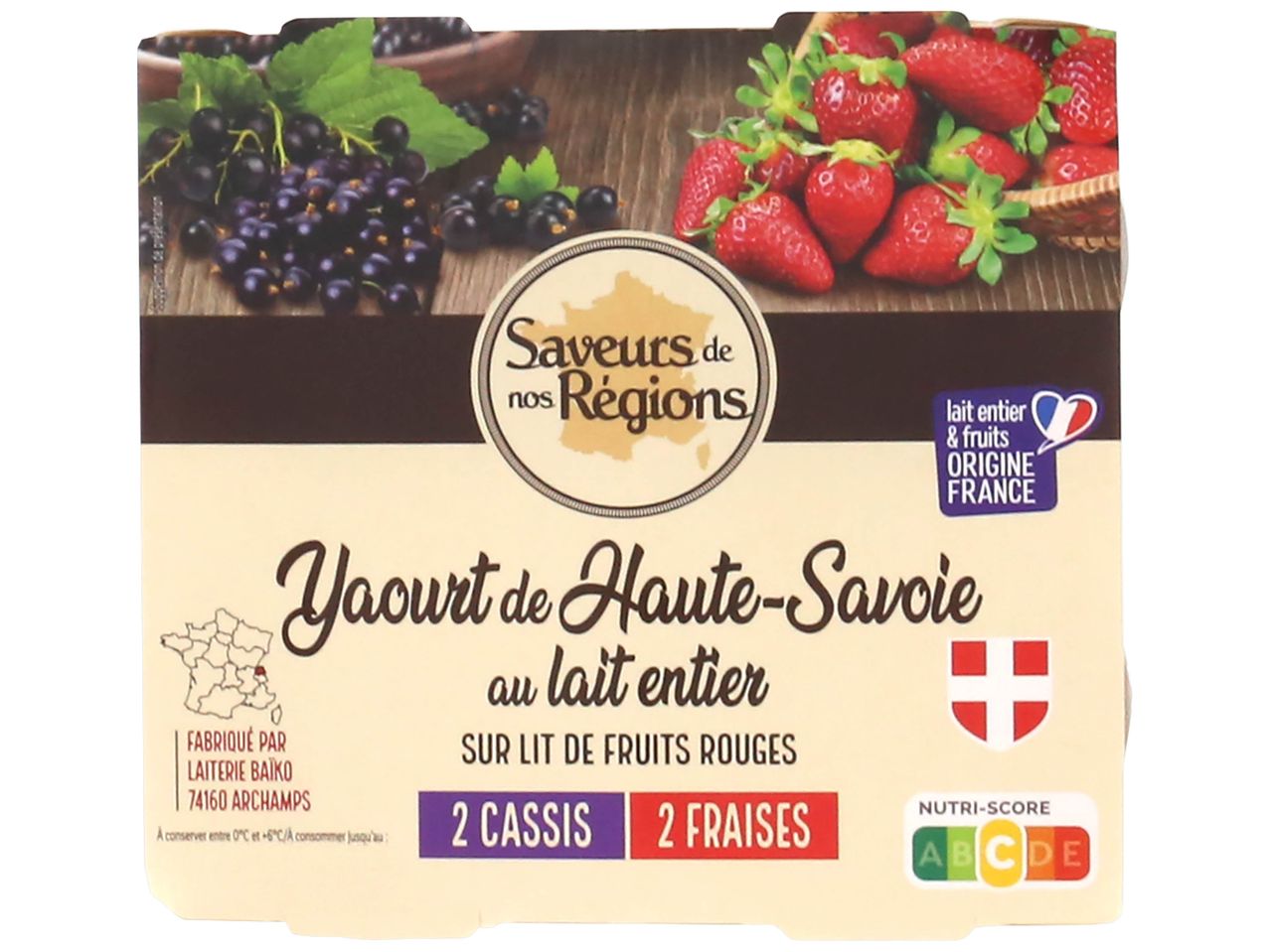 Yaourts de Haute-Savoie Saveurs des Régions aux fruits rouges et raisins.