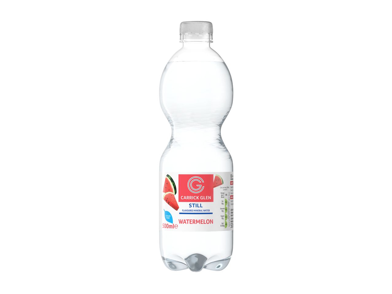 Watermelon flavored still mineral water in a clear plastic bottle.