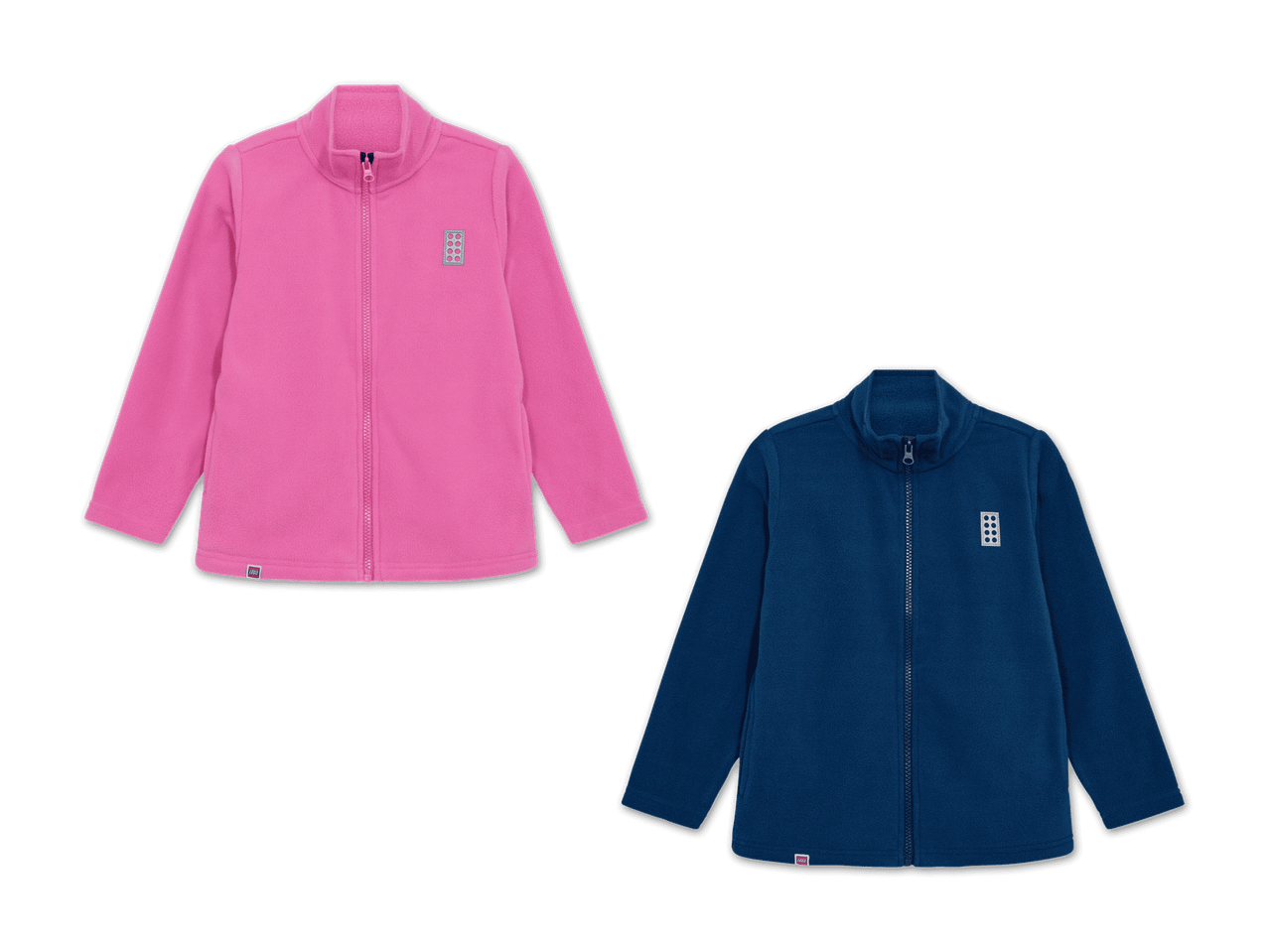 Zwei kuschelige Fleecejacken für Kinder in Pink und Dunkelblau mit Reißverschluss.