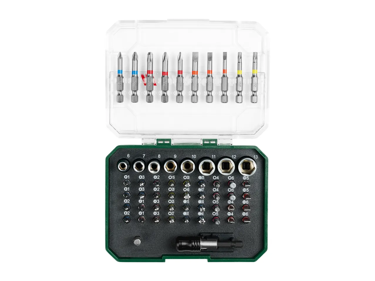 Open green case with a variety of screwdriver bits and sockets