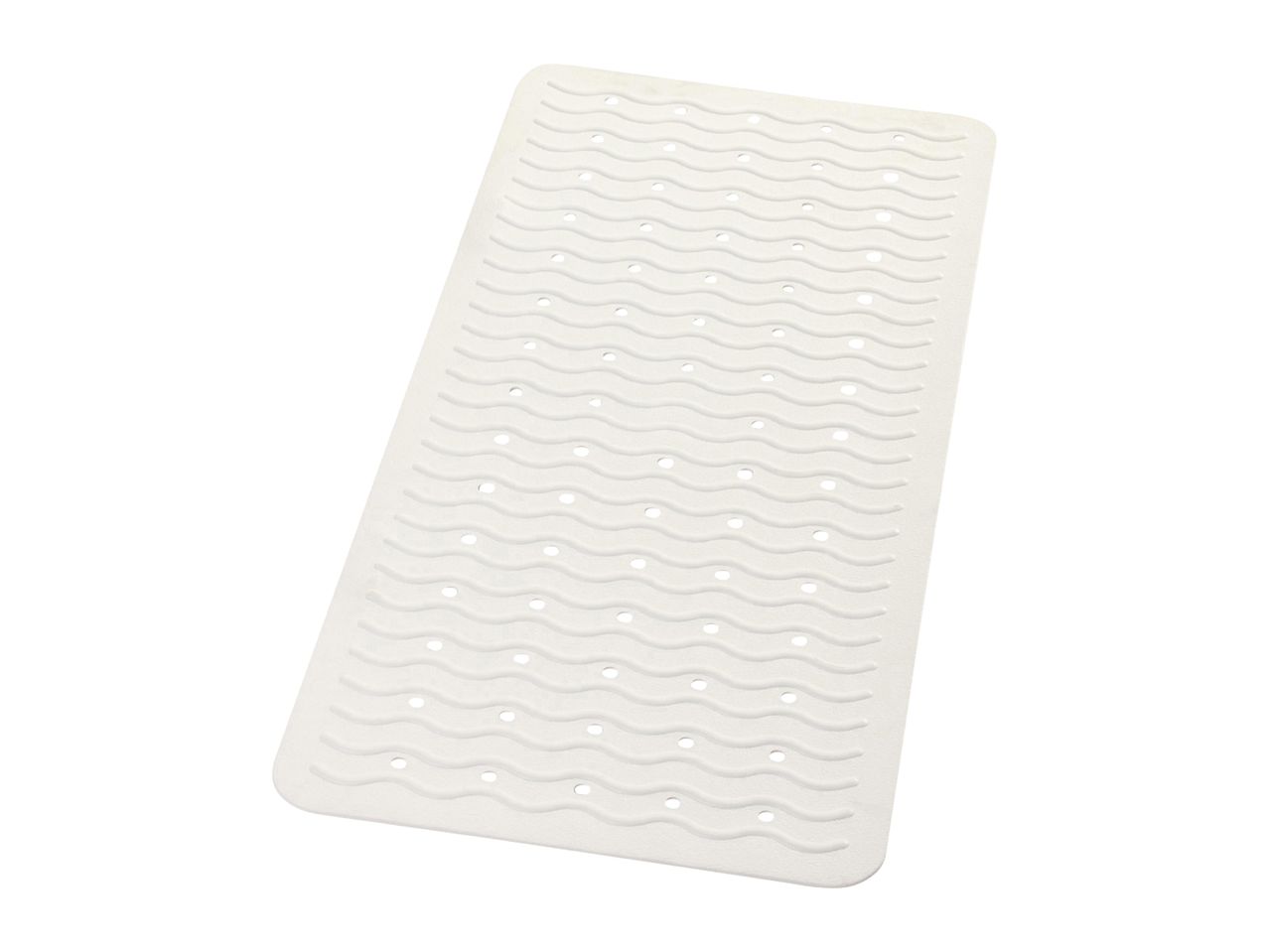 White rectangular bath mat with wavy texture and drainage holes