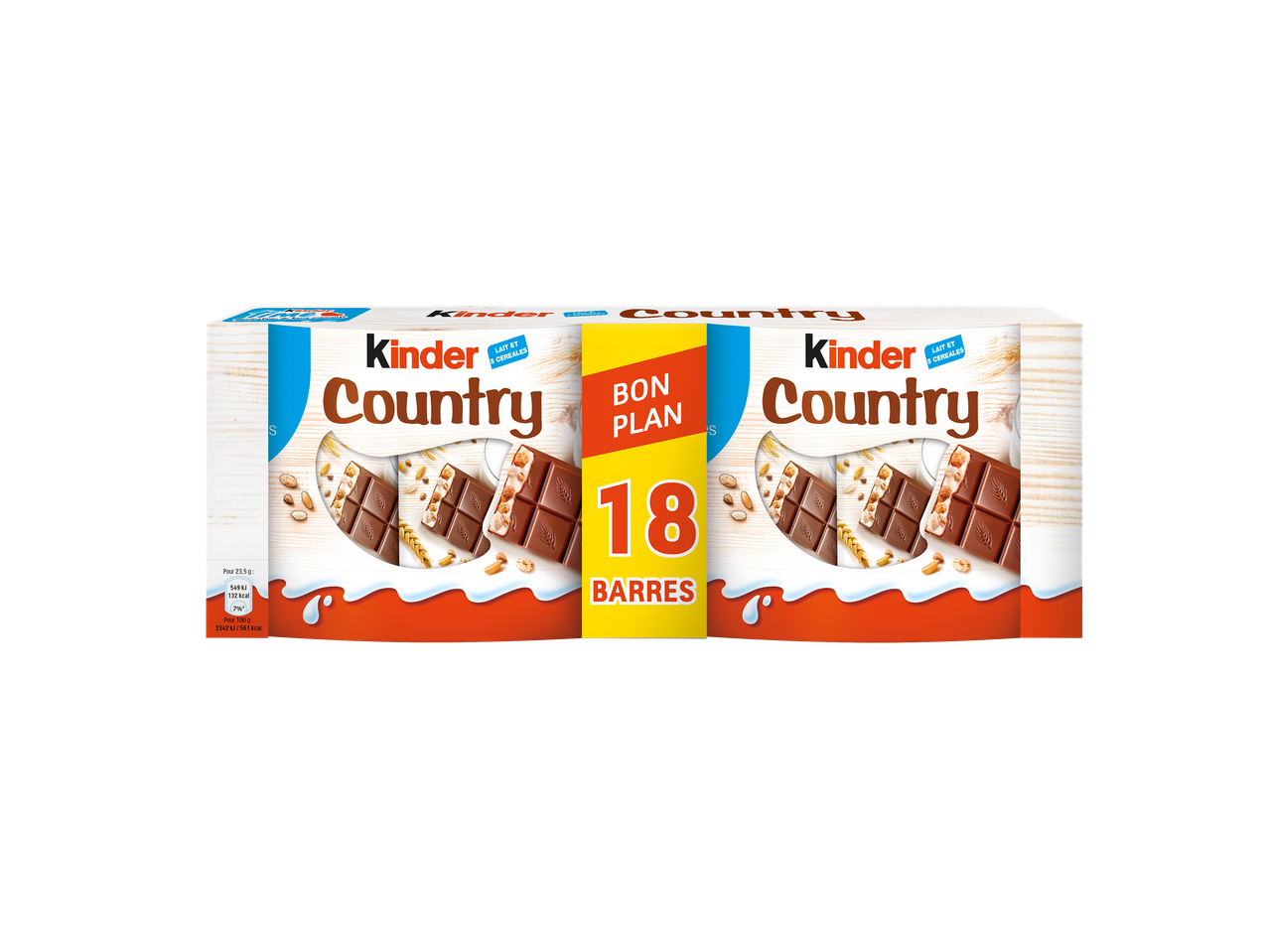 Boîte de barres chocolatées aux céréales, avec 18 barres et des informations nutritionnelles.