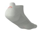 Light grey ankle sock with a coral-colored logo on the heel and size marking on the sole.