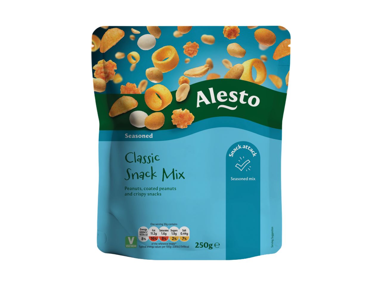 Classic Snack Mix with peanuts, coated peanuts, and crispy snacks in a blue and green pouch.