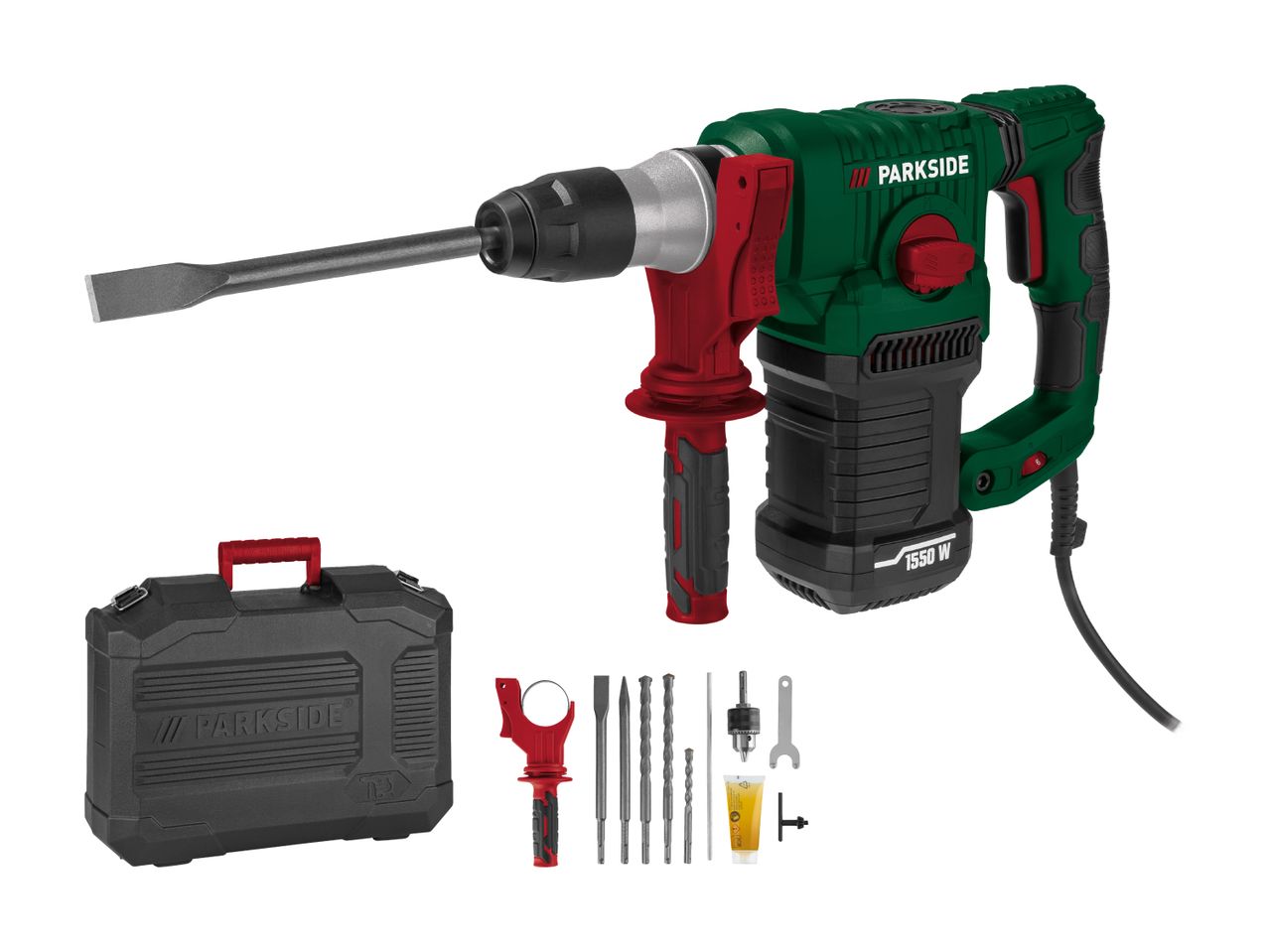 Ein 1550 W Parkside Abbruchhammer mit Zubehör und Koffer.