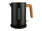 Black electric kettle with a wooden handle and lid accent, showing water level markings.
