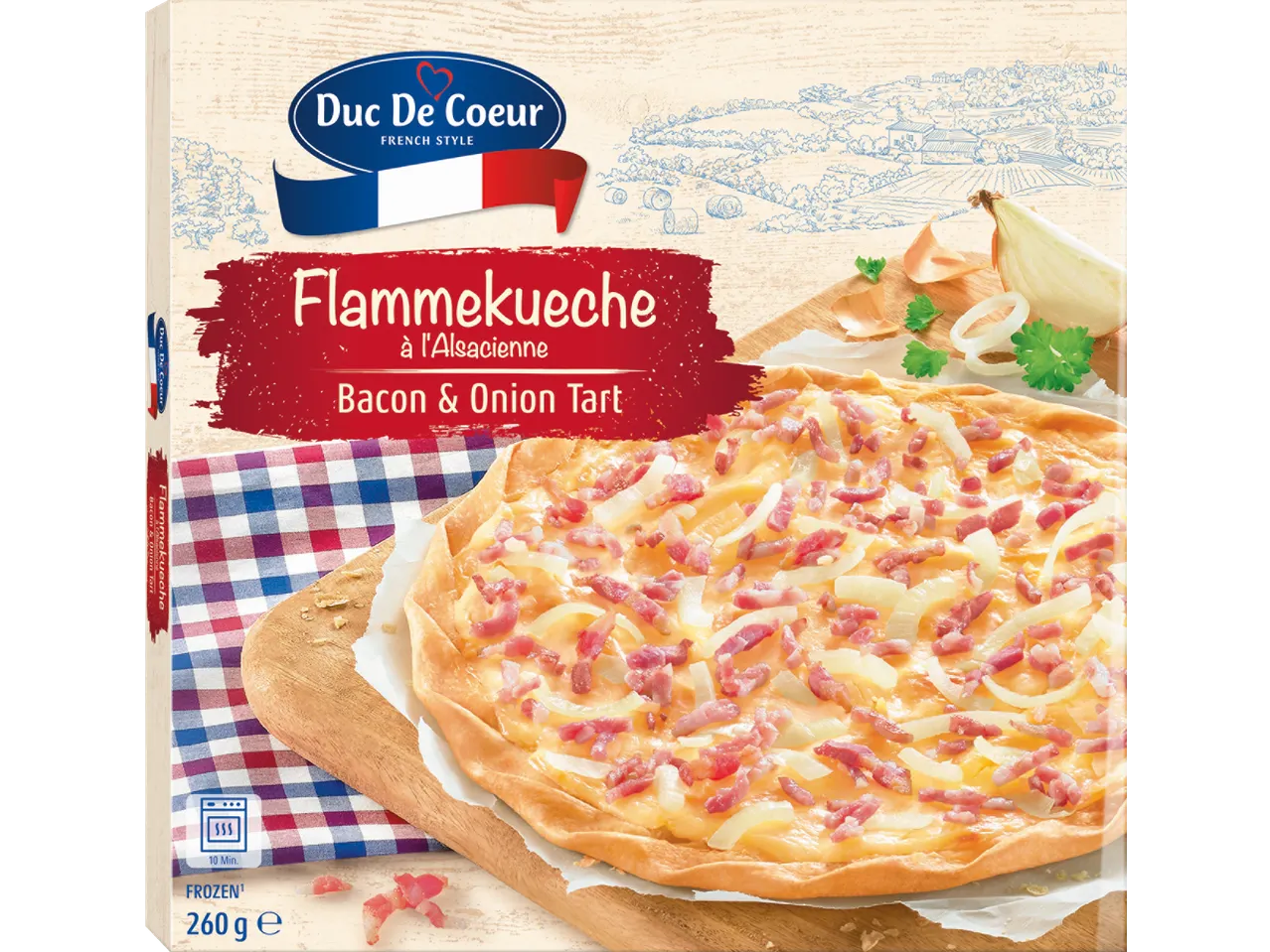 Duc De Coeur Flammekueche Spek & Uien Taart, diepgevroren, 260g, met Franse plattelandsillustratie.
