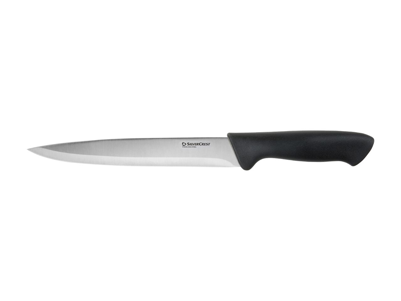 A stainless steel kitchen knife with a black handle.
