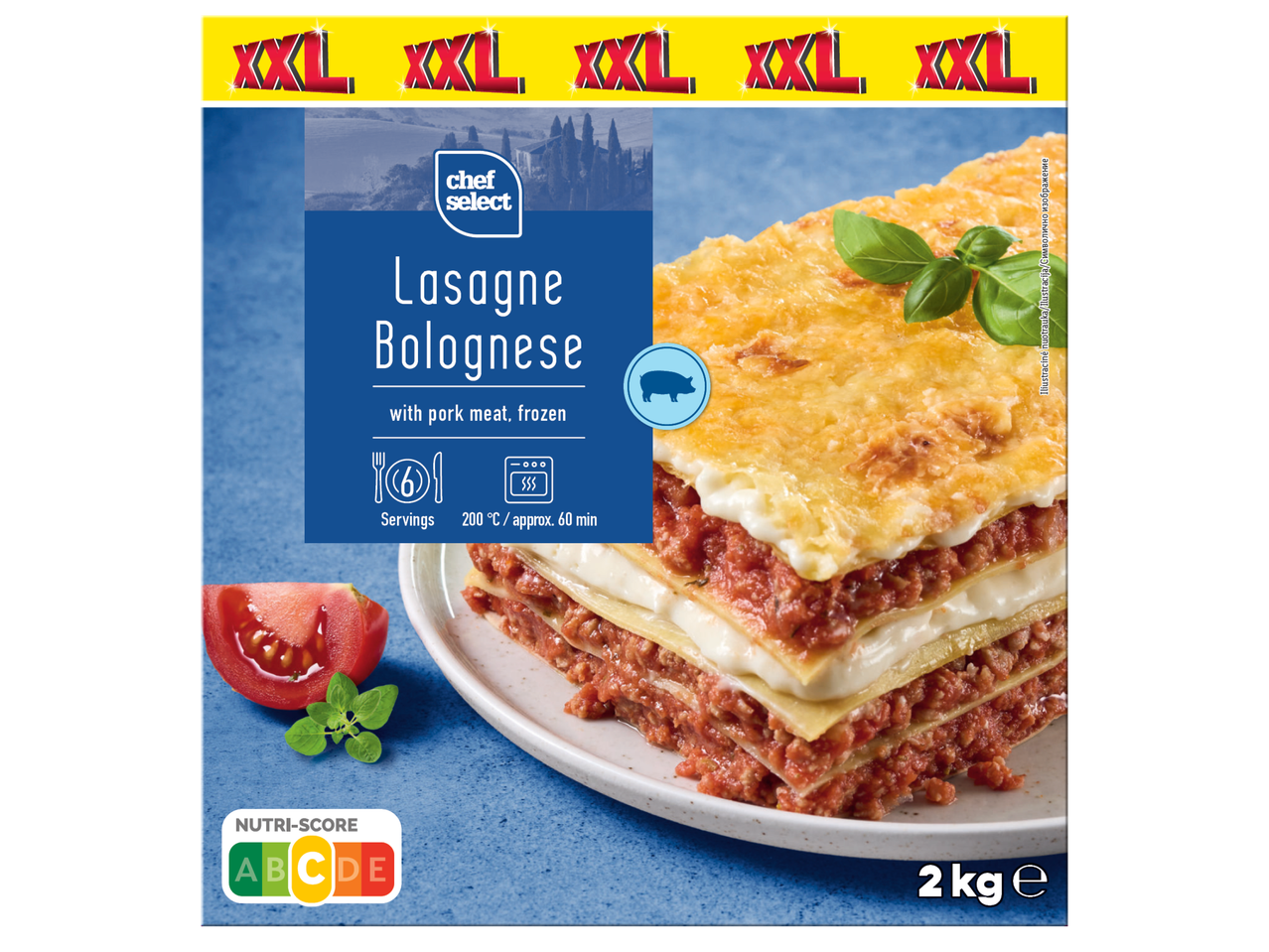 Опаковка на лазаня Болонезе свинско месо, замразена, 2 кг, XXL размер, с Nutri-Score C.