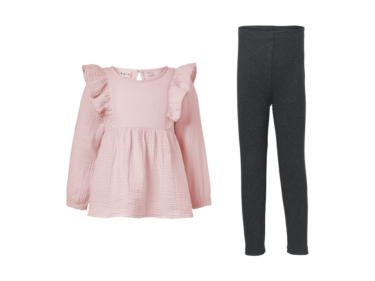 Sæt med lyserød bluse med flæser og mørkegrå ribstrikkede leggings til baby.