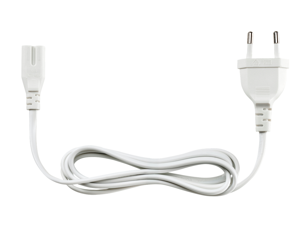 Um cabo de alimentação branco com uma tomada europeia em uma extremidade e um conector C5 na outra.