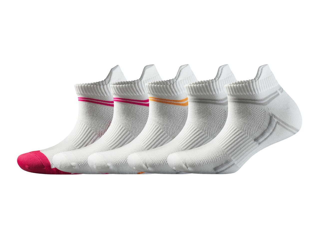 Five pairs of white ankle socks with colored stripes and toes: pink, orange, and gray.