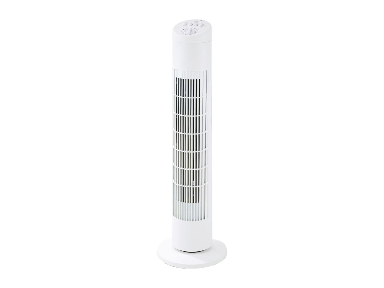 White tower fan with control buttons on top, isolated on a white background.