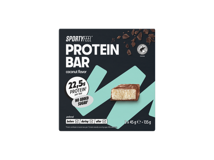 Baton proteic Sportyfeel, aromă de cocos, 22,5 g proteine per baton, fără adaos de zahăr.