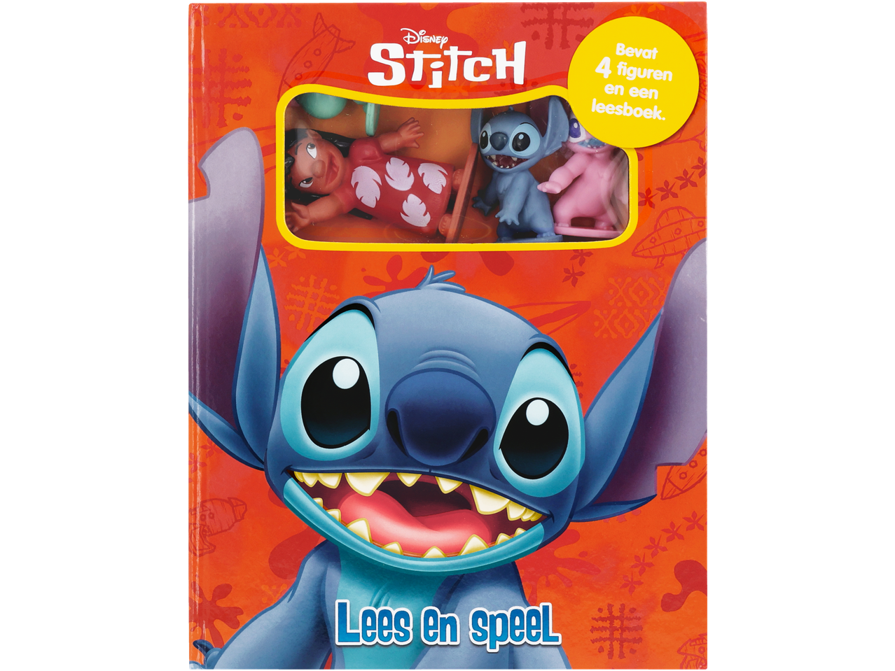 Stitch en Lilo figuren met een boek, met Stitch op de voorkant. Tekst: 'Bevat 4 figuren en een leesboek. Lees en speel.'