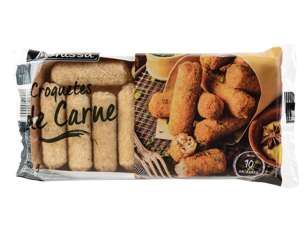 Embalagem de croquetes de carne da marca Marussa.