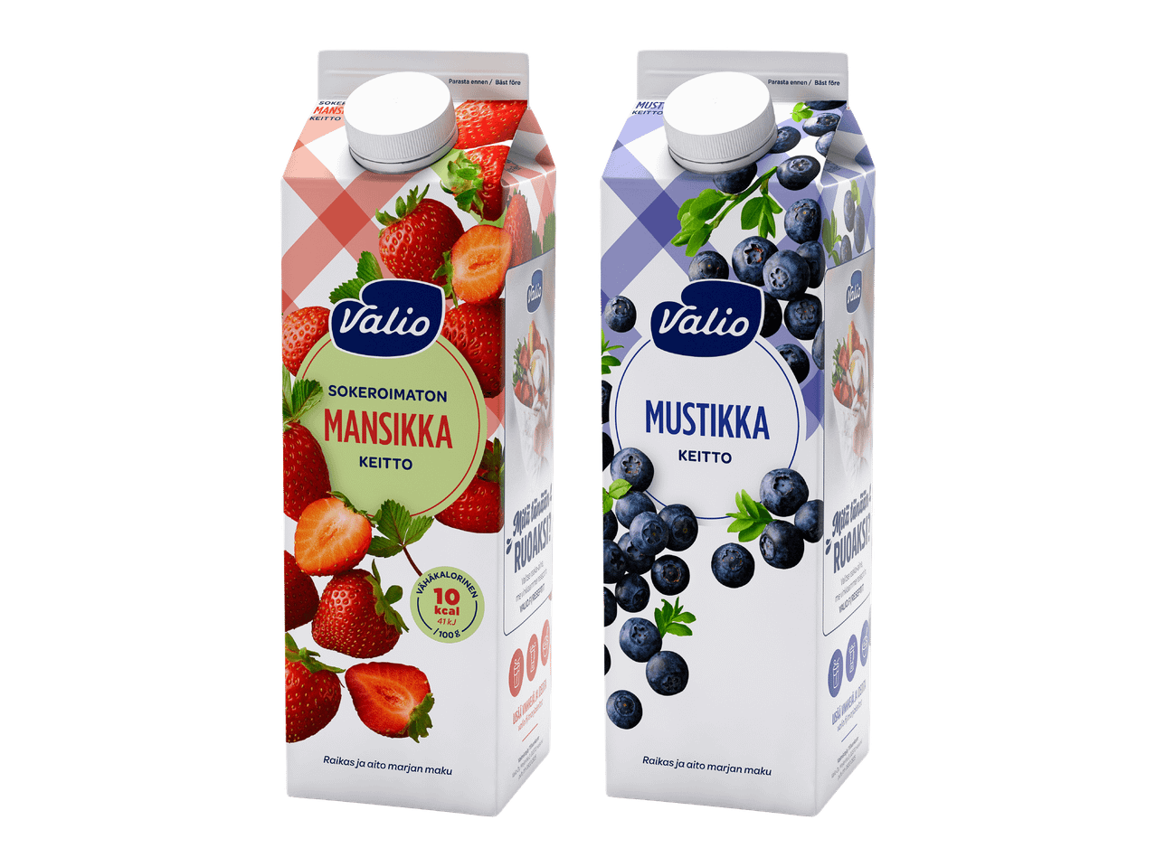 Mansikka- ja mustikkakeittotölkit valkoisella taustalla.