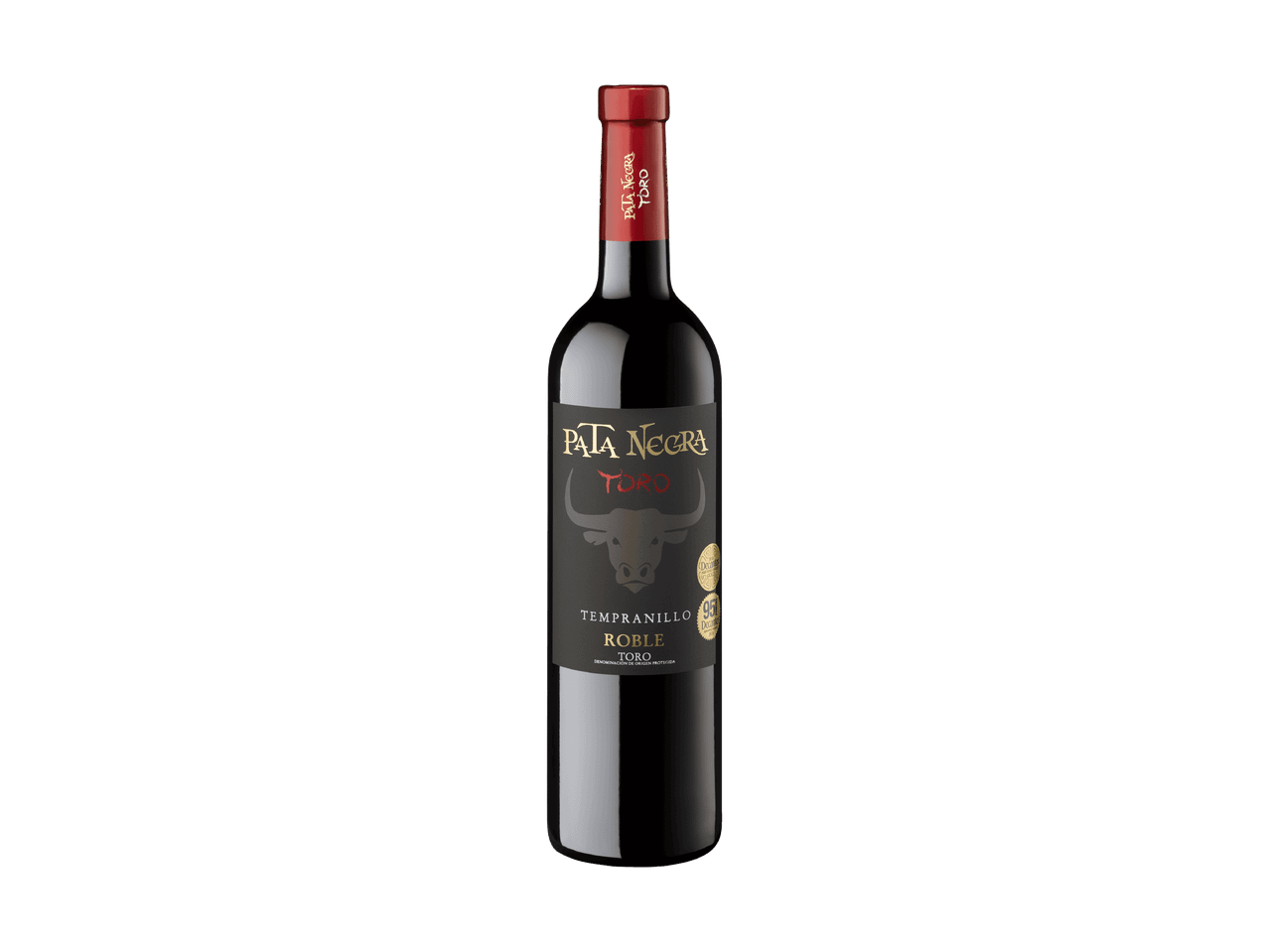 Una bottiglia di vino rosso spagnolo Tempranillo Roble su sfondo nero.