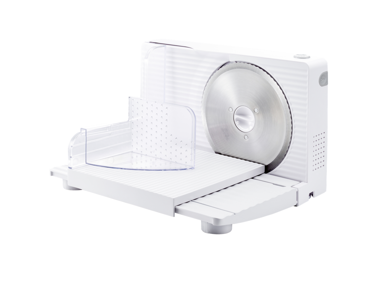 Fehér SILVERCREST elektromos szeletelő fűrészfogas pengével és átlátszó tálcával.