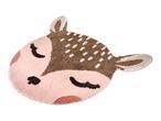 Pink and brown deer-shaped rug with white spots and closed eyes.