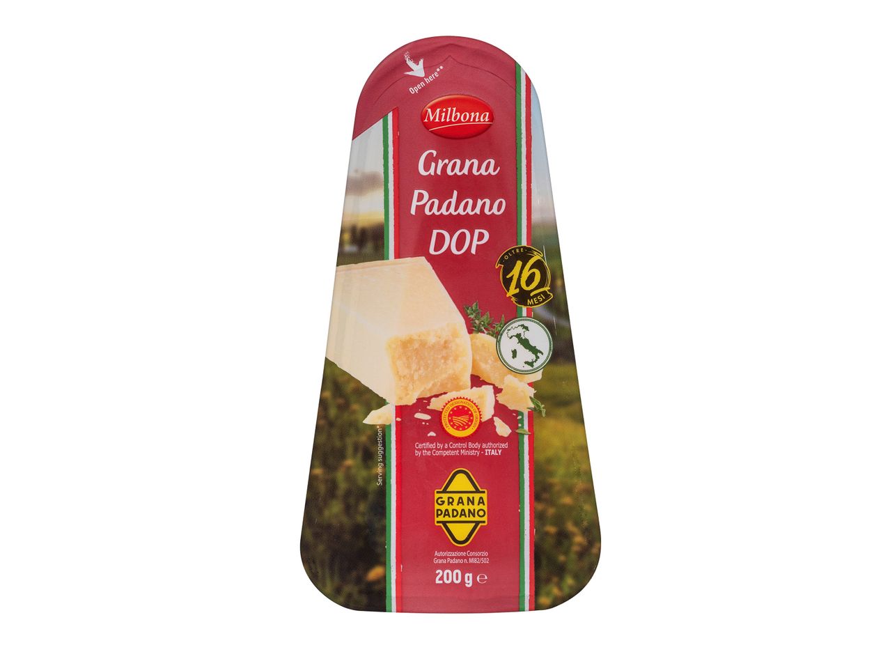 Συσκευασία τυριού Grana Padano DOP 200g, παλαιωμένο για πάνω από 16 μήνες.