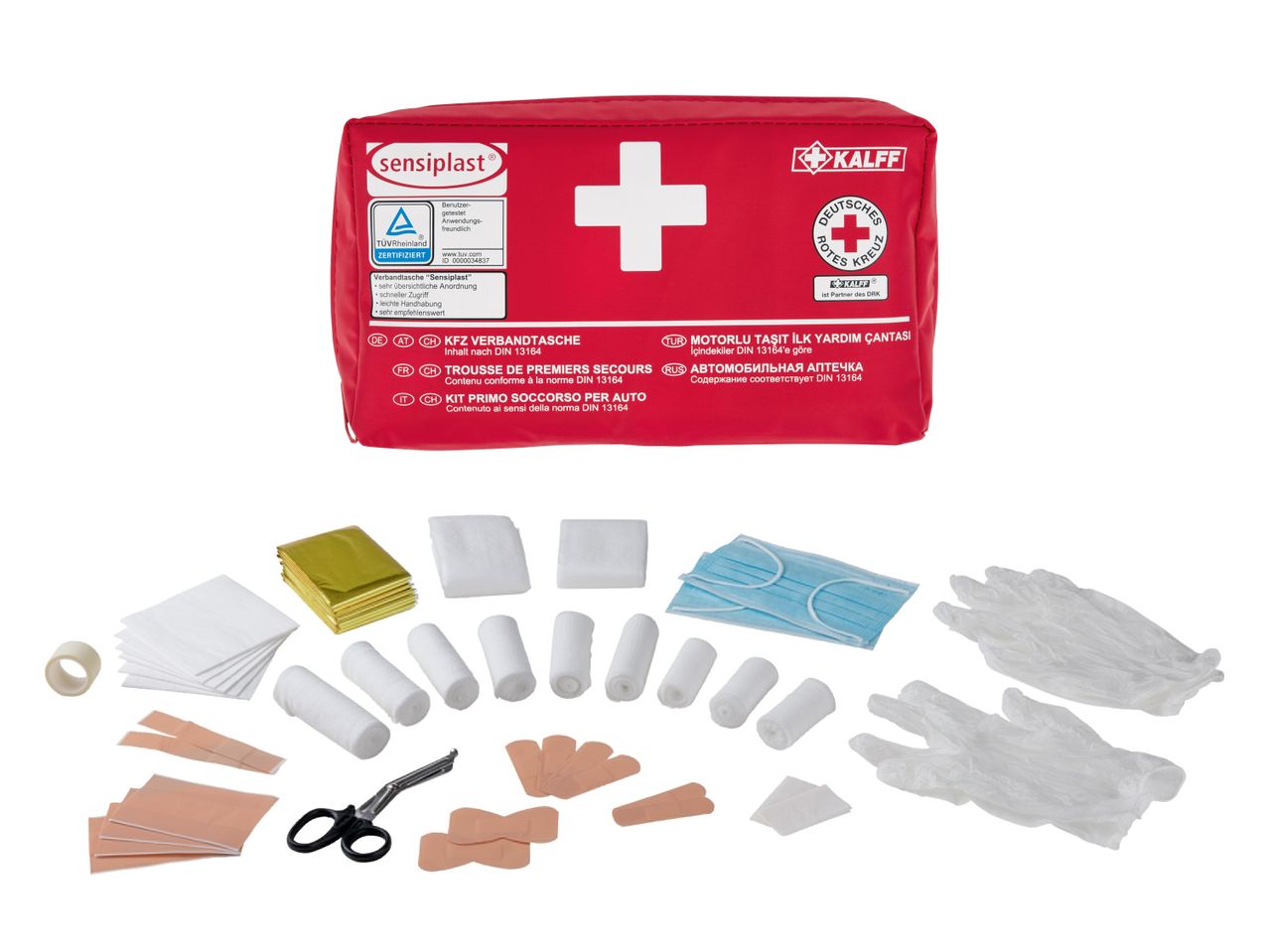 Rote Erste-Hilfe-Tasche mit medizinischem Zubehör wie Bandagen, Pflastern und Handschuhen.