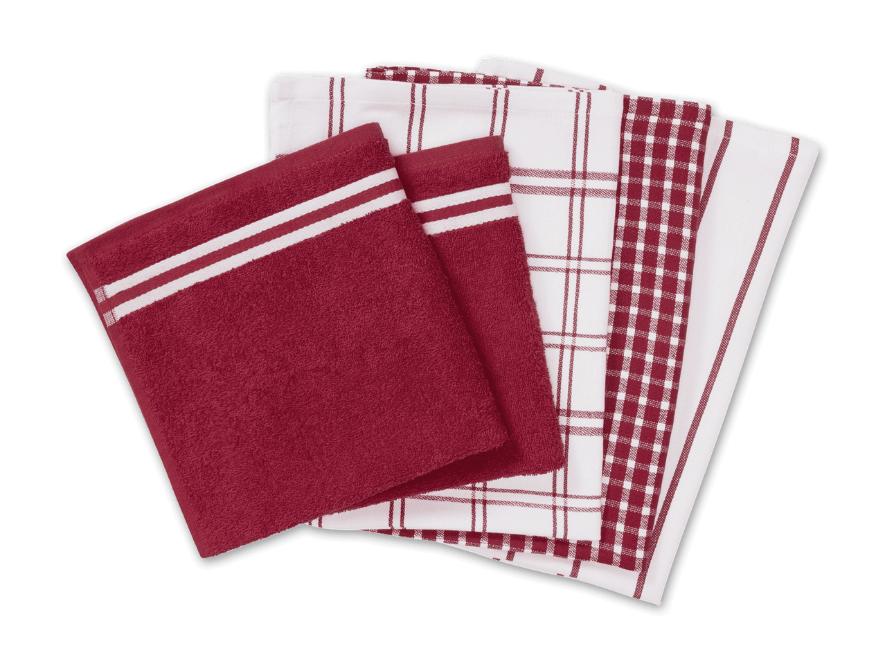 Set aus roten und weißen Geschirrtüchern mit verschiedenen Mustern